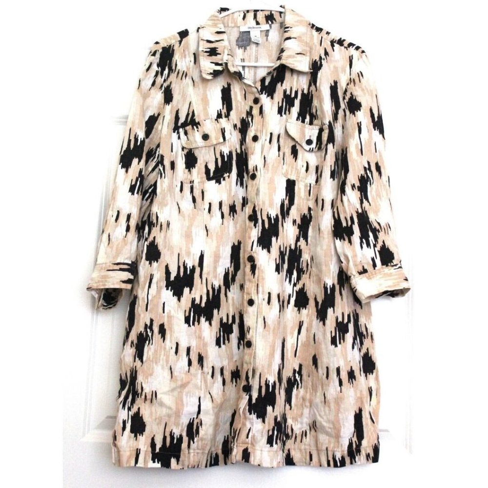Style co Linen Lagenlook Tunic Top Tie Dye Ikat Boho Minimalist Modest Office